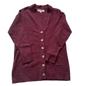 Loft V Neck Pocket Cardigan Size SP Smoked Garnet Cotton Preppy Classic Relaxed